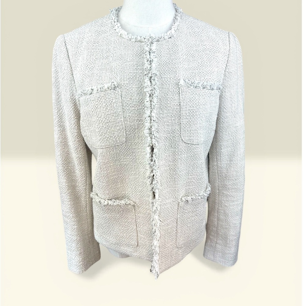 J.McLaughlin Tweed Lady Jacket Size S Cream Fringe Trim Cotton Blend Excellent
